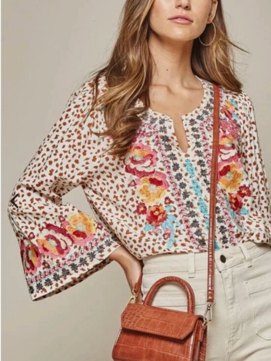 Savanna Jane Tops - Savanna Jane Cream and Camel Boho Embroidery Top